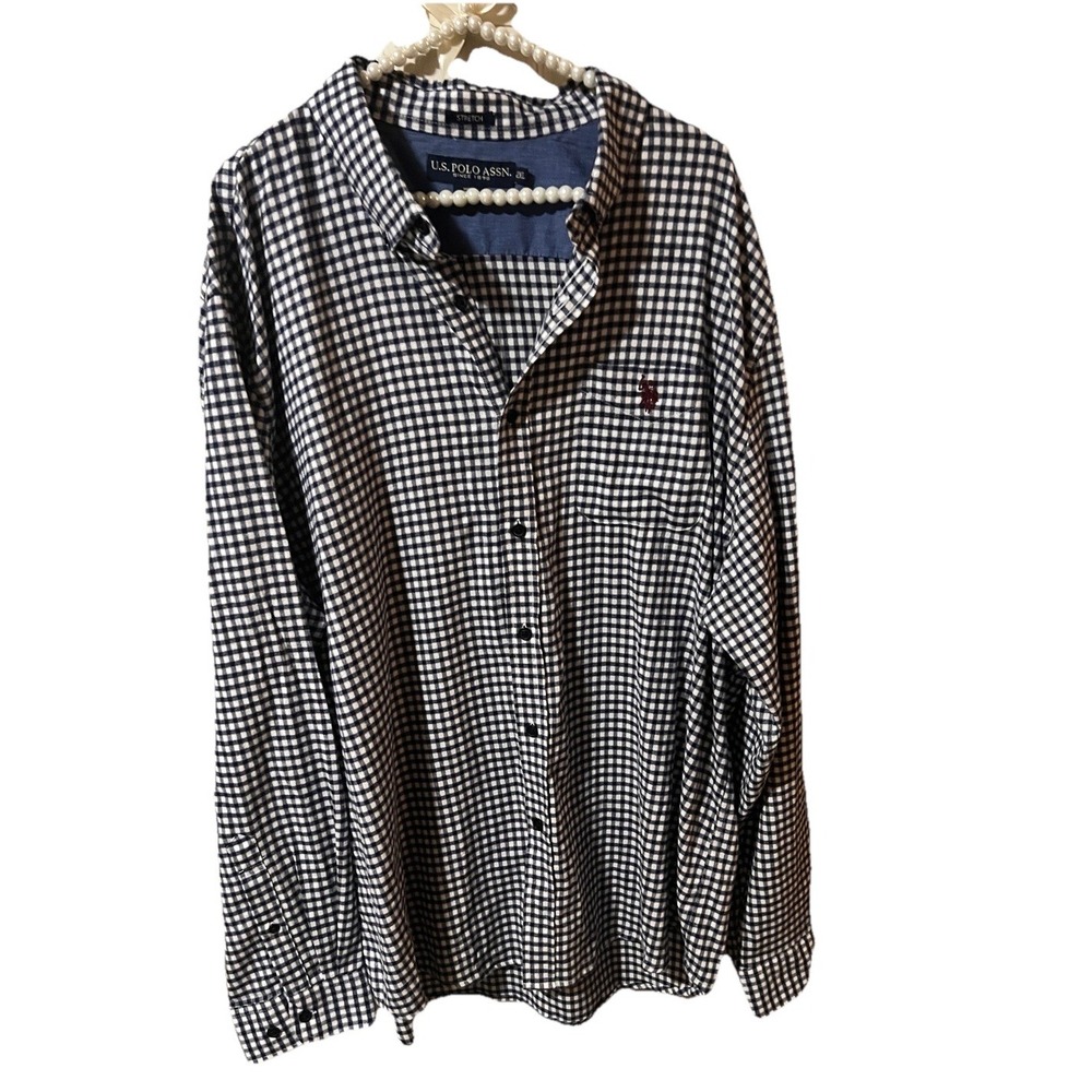 U.S. Polo Assn. Button Down Mens 2XL Navy White Excellent Gingham Stretch Shirt